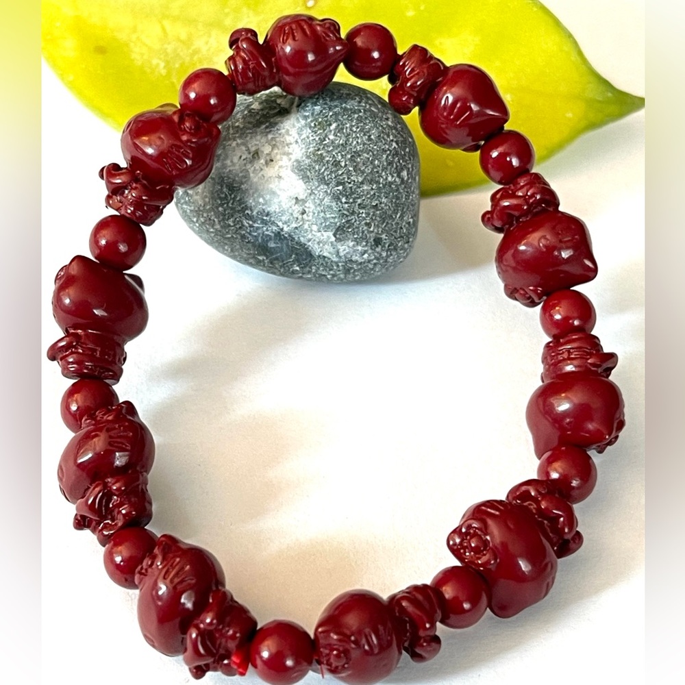 Cinnabar Hello Kitty Bracelet Natural Cinnabar Stretchy Bracelet Healing Stone